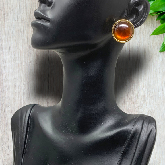 Vintage 1980's Monet Amber Cabochon Domed Button Earrings Modernist Couture - Picture 4 of 6